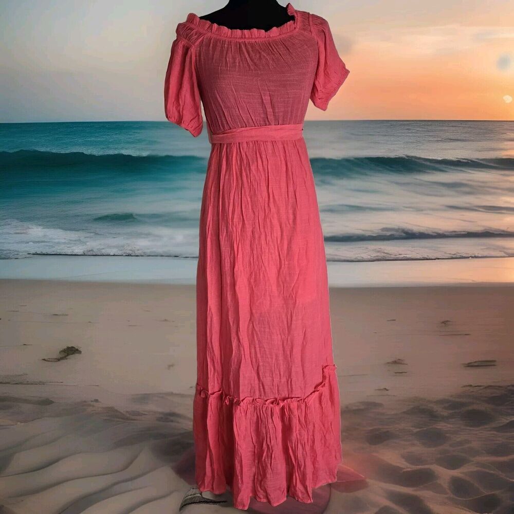 Staccato Maxi Dress Small Tiered Belted Gauze Beachy Coral Boho Salmon Rayon